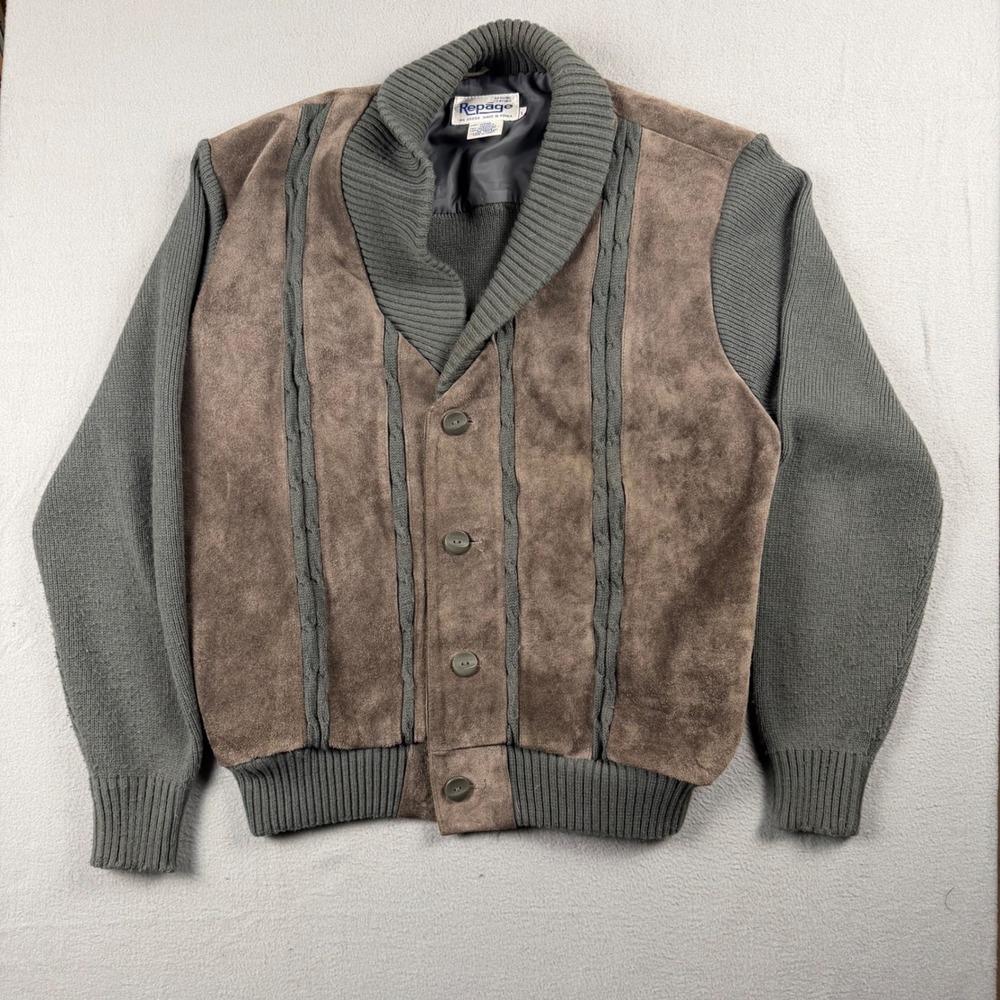 Vintage Repage Mens Large Leather Knit Cardigan Shawl Collar Sweater Suede